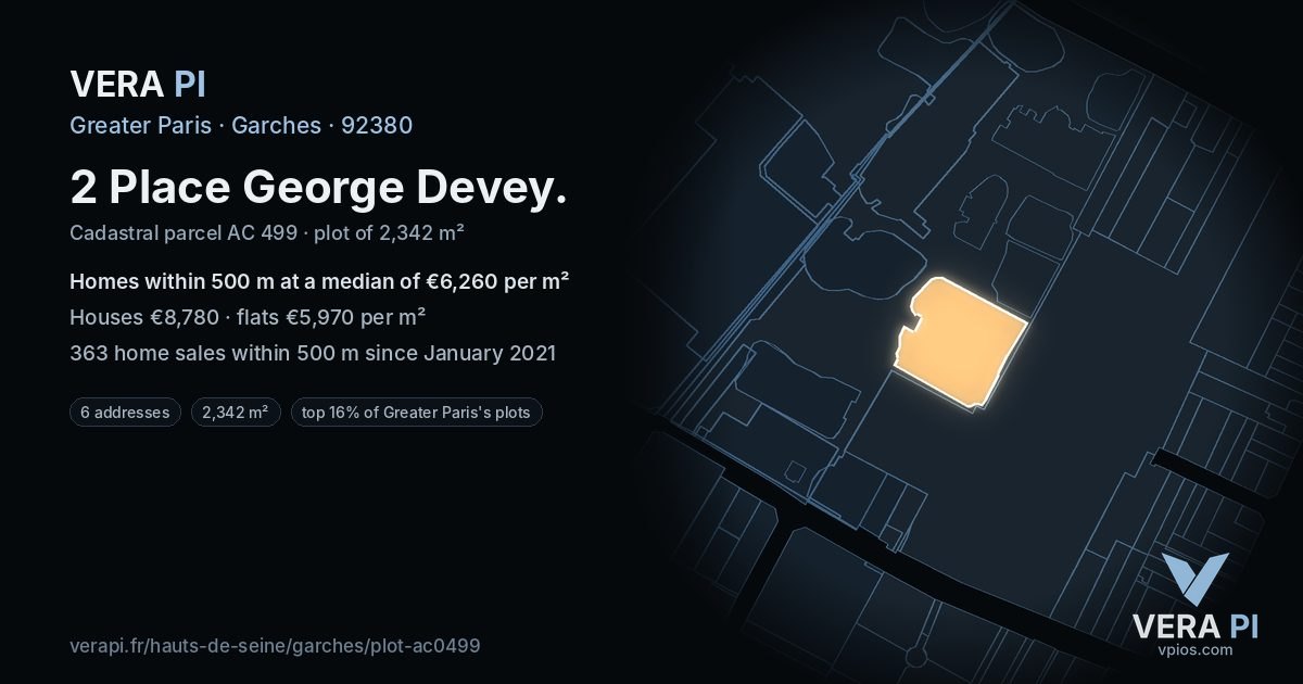 2 Place George Devey, Garches at night – the plot lit, the parcels around coloured by the prices near them