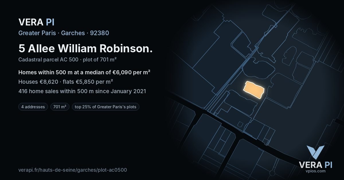5 Allee William Robinson, Garches at night – the plot lit, the parcels around coloured by the prices near them