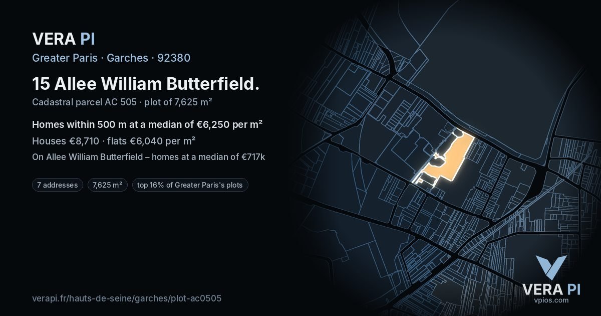 15 Allee William Butterfield, Garches at night – the plot lit, the parcels around coloured by the prices near them