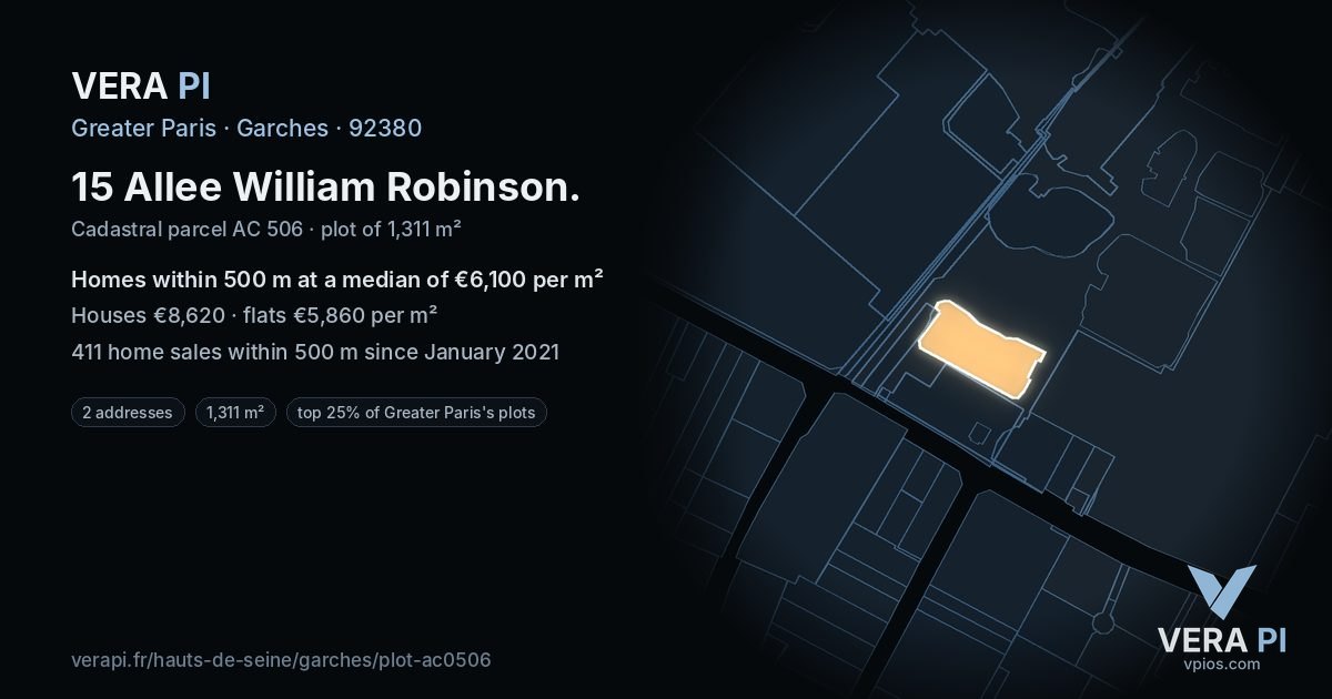 15 Allee William Robinson, Garches at night – the plot lit, the parcels around coloured by the prices near them