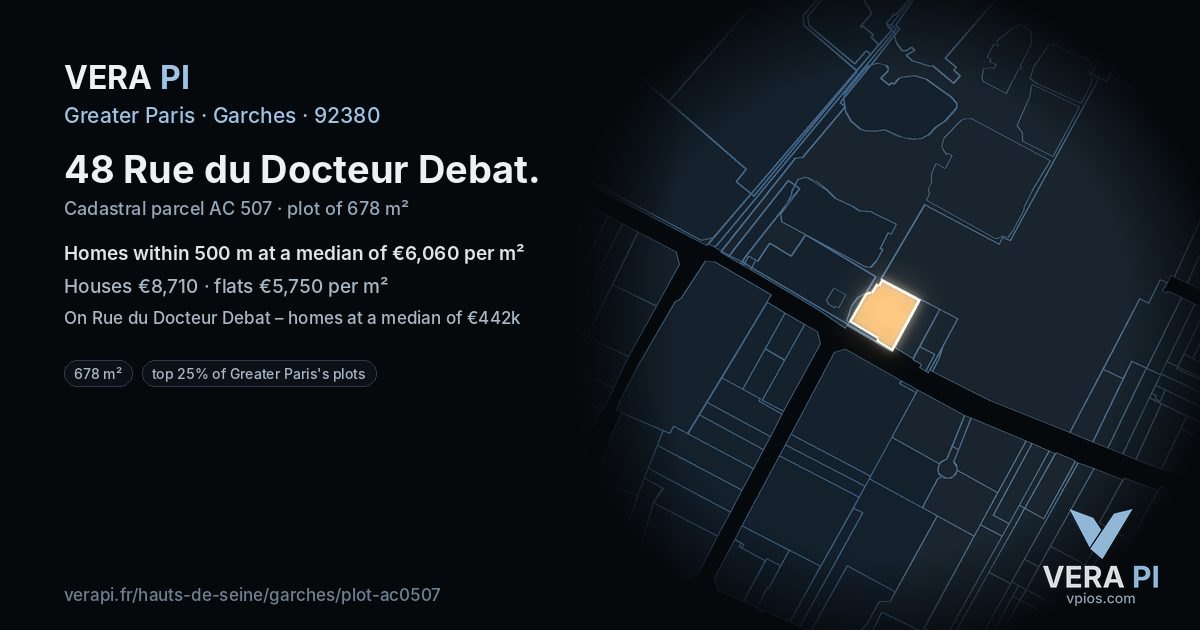 48 Rue du Docteur Debat, Garches at night – the plot lit, the parcels around coloured by the prices near them