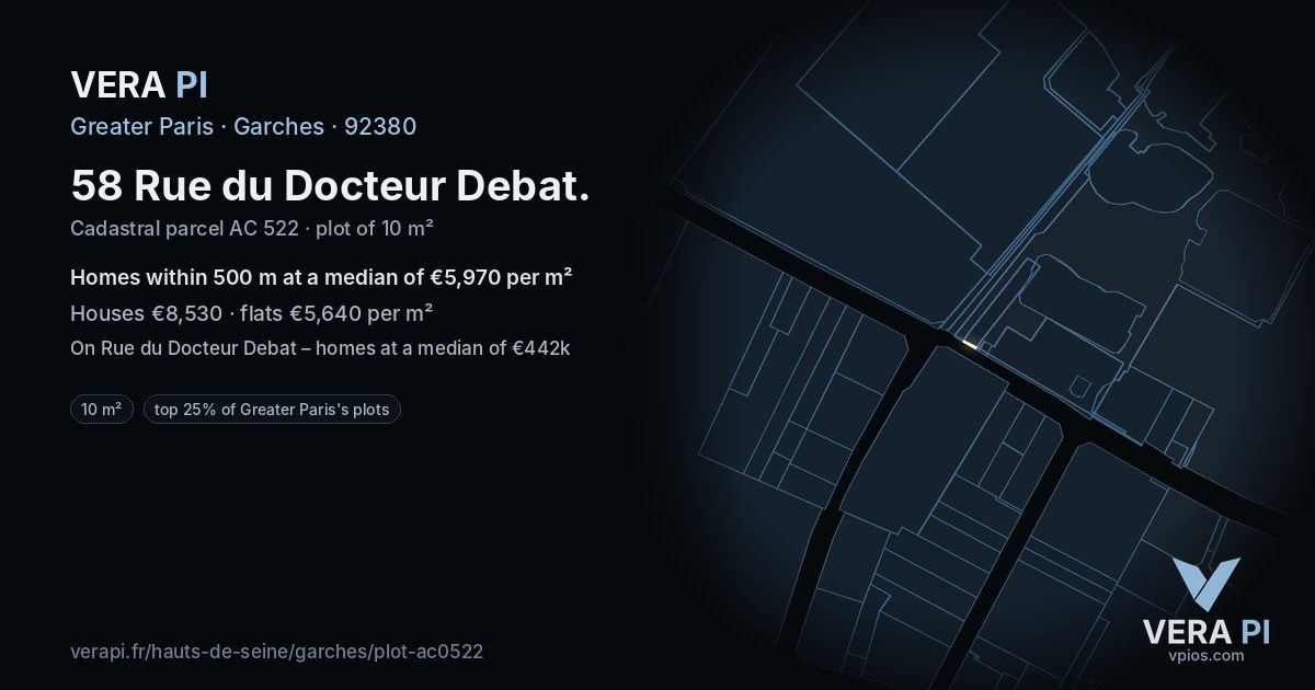 58 Rue du Docteur Debat, Garches at night – the plot lit, the parcels around coloured by the prices near them