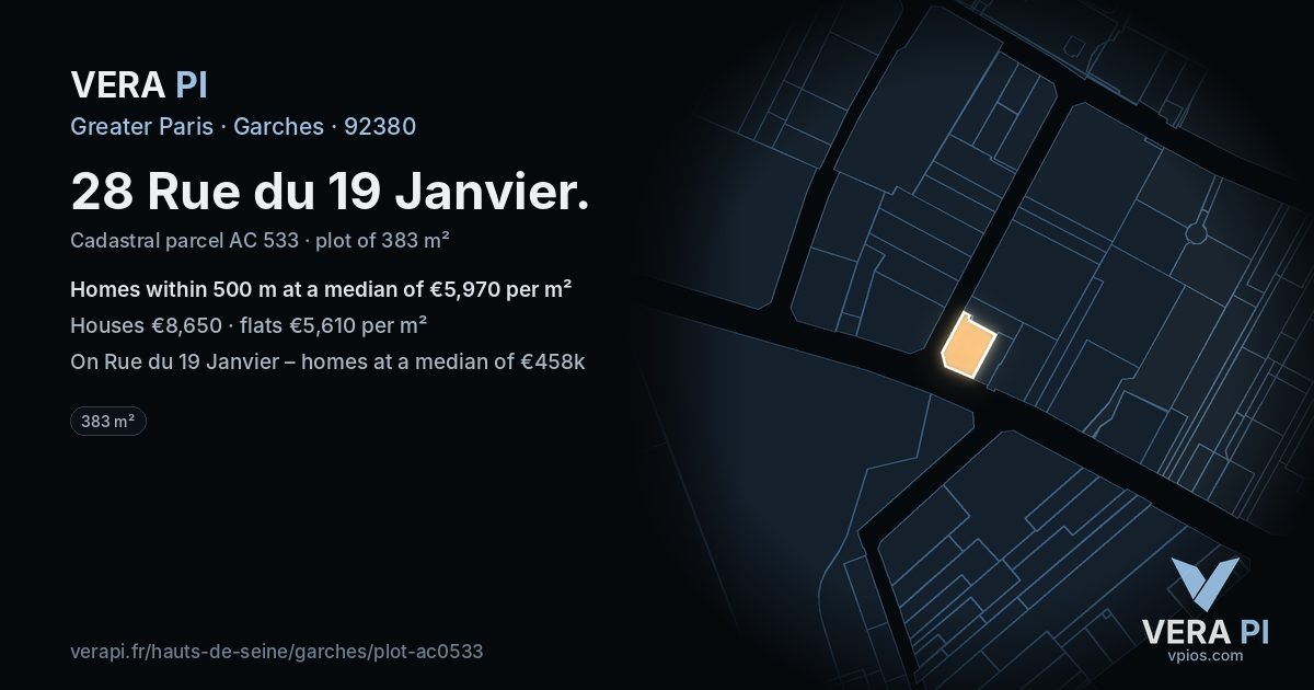 28 Rue du 19 Janvier, Garches at night – the plot lit, the parcels around coloured by the prices near them