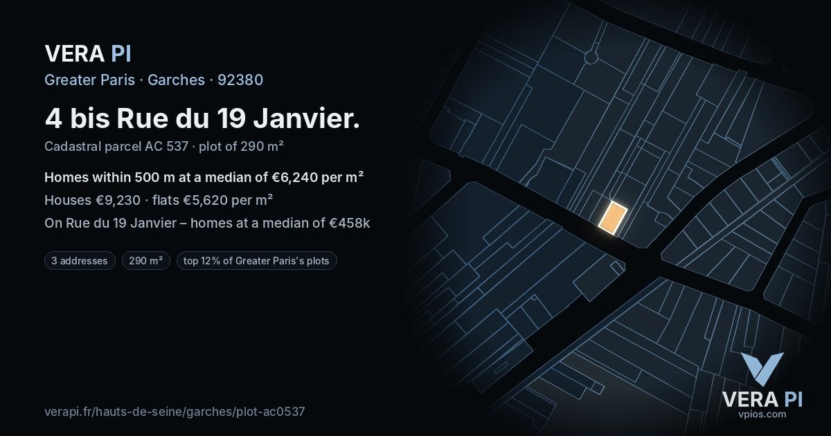 4 bis Rue du 19 Janvier, Garches at night – the plot lit, the parcels around coloured by the prices near them