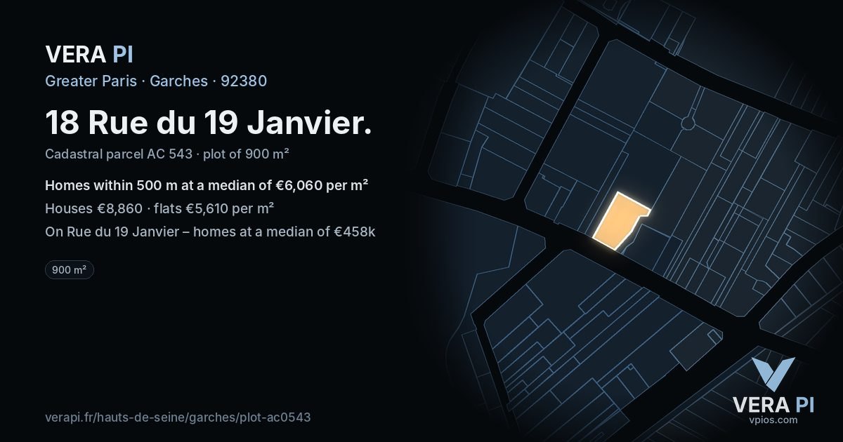 18 Rue du 19 Janvier, Garches at night – the plot lit, the parcels around coloured by the prices near them