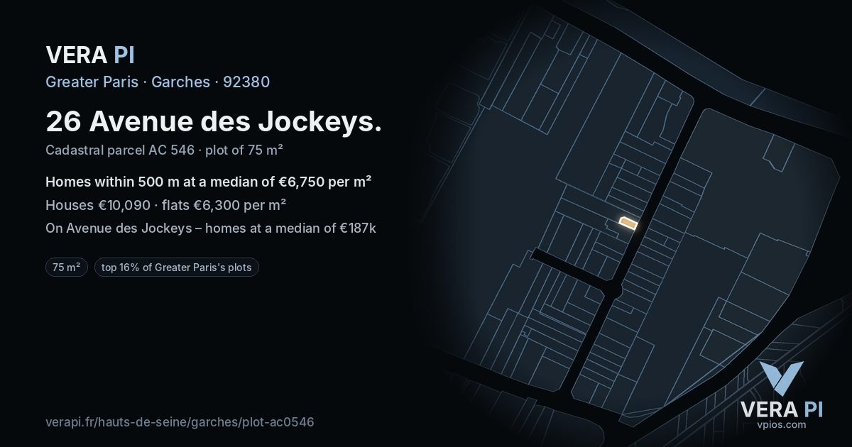 26 Avenue des Jockeys, Garches at night – the plot lit, the parcels around coloured by the prices near them