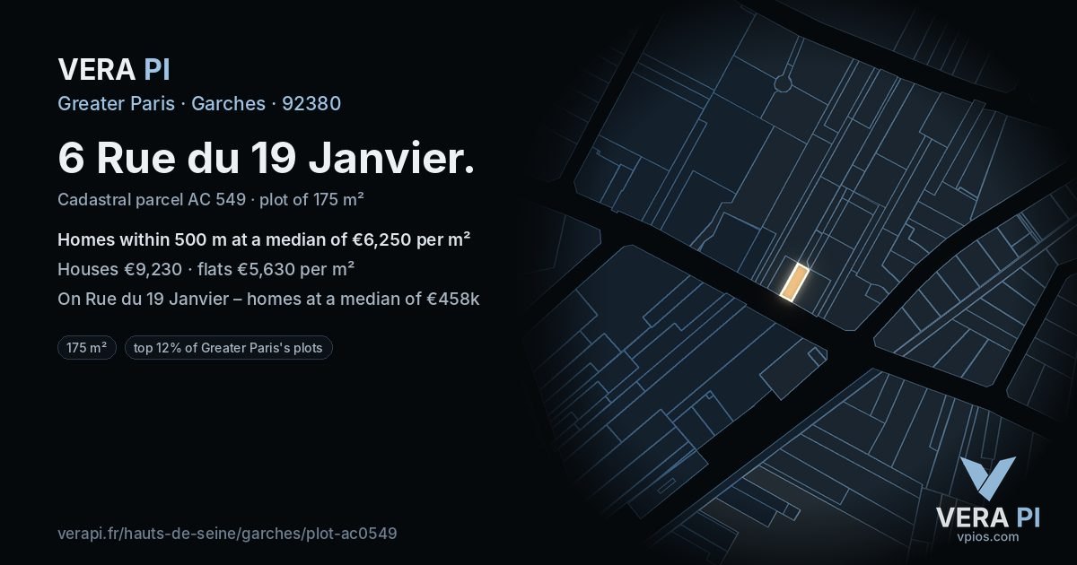 6 Rue du 19 Janvier, Garches at night – the plot lit, the parcels around coloured by the prices near them