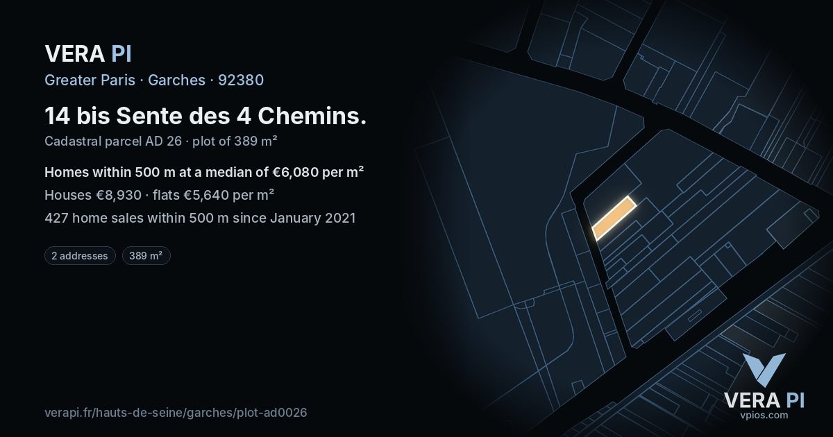 14 bis Sente des 4 Chemins, Garches at night – the plot lit, the parcels around coloured by the prices near them