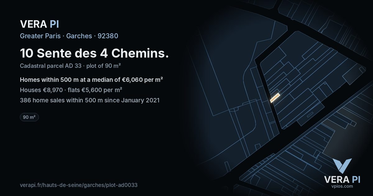 10 Sente des 4 Chemins, Garches at night – the plot lit, the parcels around coloured by the prices near them
