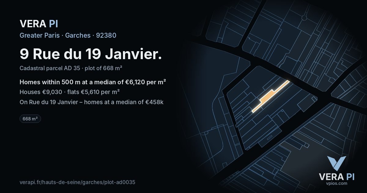 9 Rue du 19 Janvier, Garches at night – the plot lit, the parcels around coloured by the prices near them