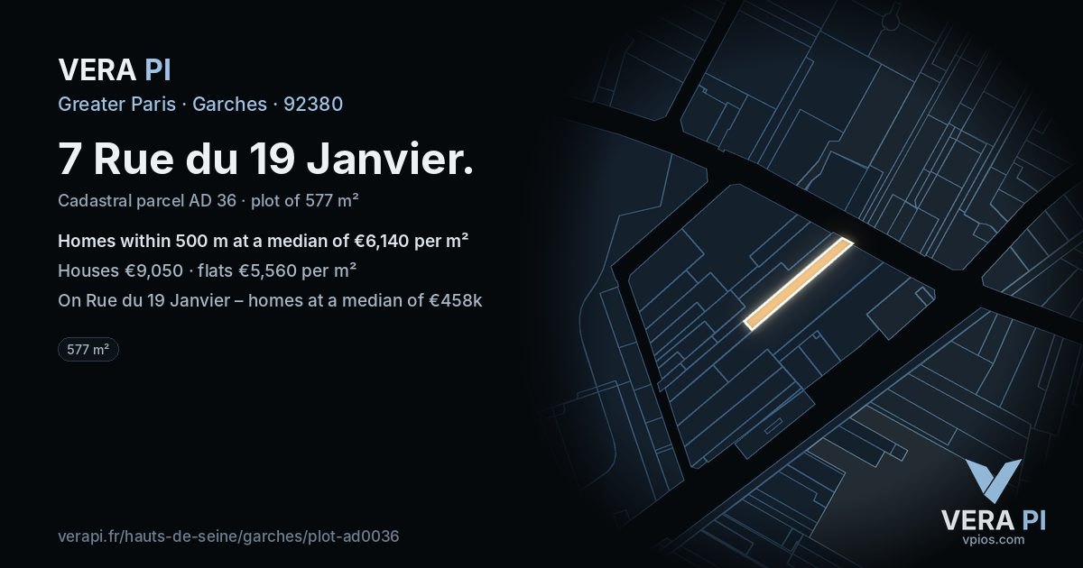 7 Rue du 19 Janvier, Garches at night – the plot lit, the parcels around coloured by the prices near them