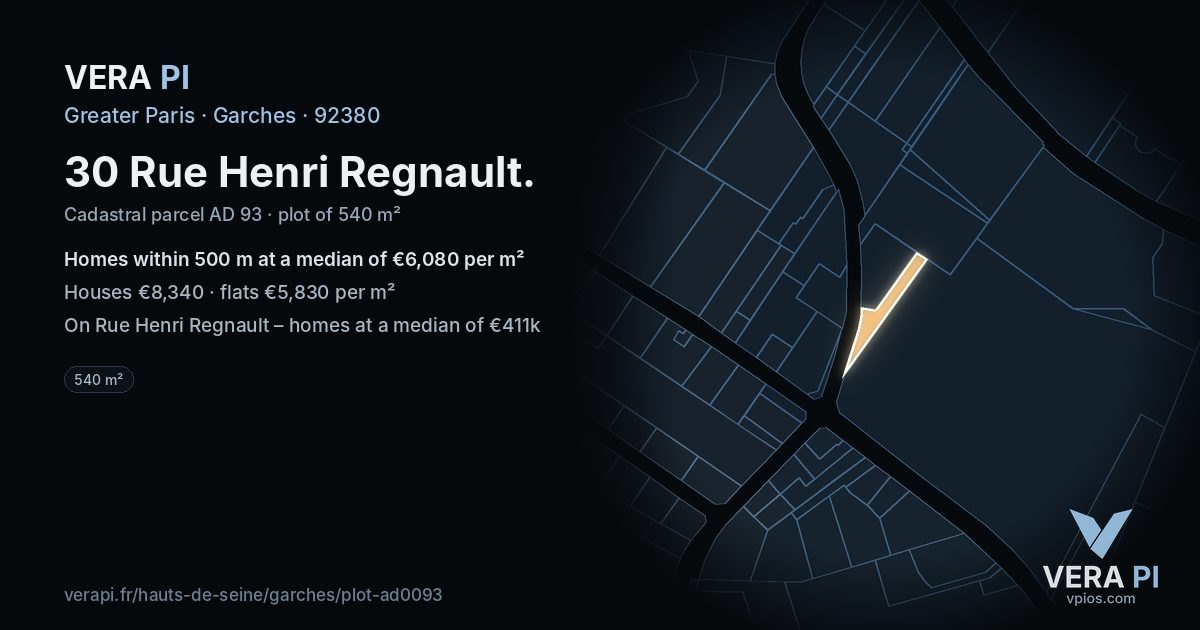 30 Rue Henri Regnault, Garches at night – the plot lit, the parcels around coloured by the prices near them