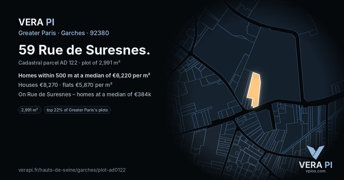 59 Rue de Suresnes, Garches at night – the plot lit, the parcels around coloured by the prices near them
