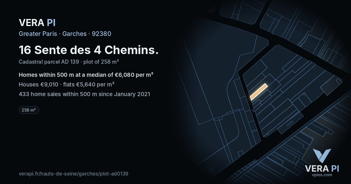 16 Sente des 4 Chemins, Garches at night – the plot lit, the parcels around coloured by the prices near them