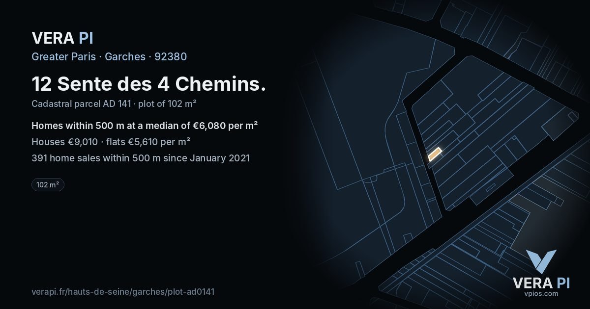 12 Sente des 4 Chemins, Garches at night – the plot lit, the parcels around coloured by the prices near them