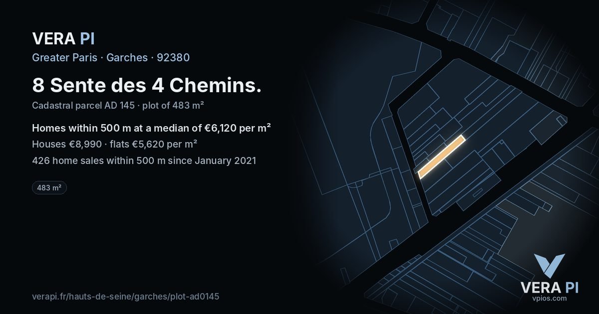 8 Sente des 4 Chemins, Garches at night – the plot lit, the parcels around coloured by the prices near them