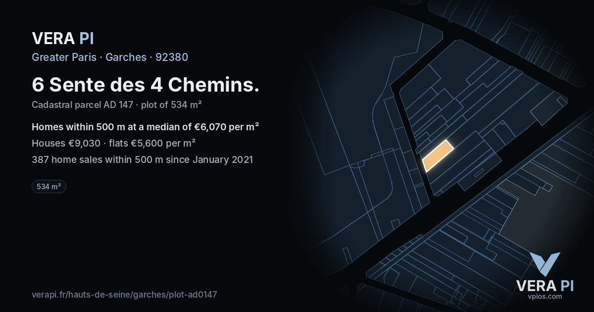 6 Sente des 4 Chemins, Garches at night – the plot lit, the parcels around coloured by the prices near them