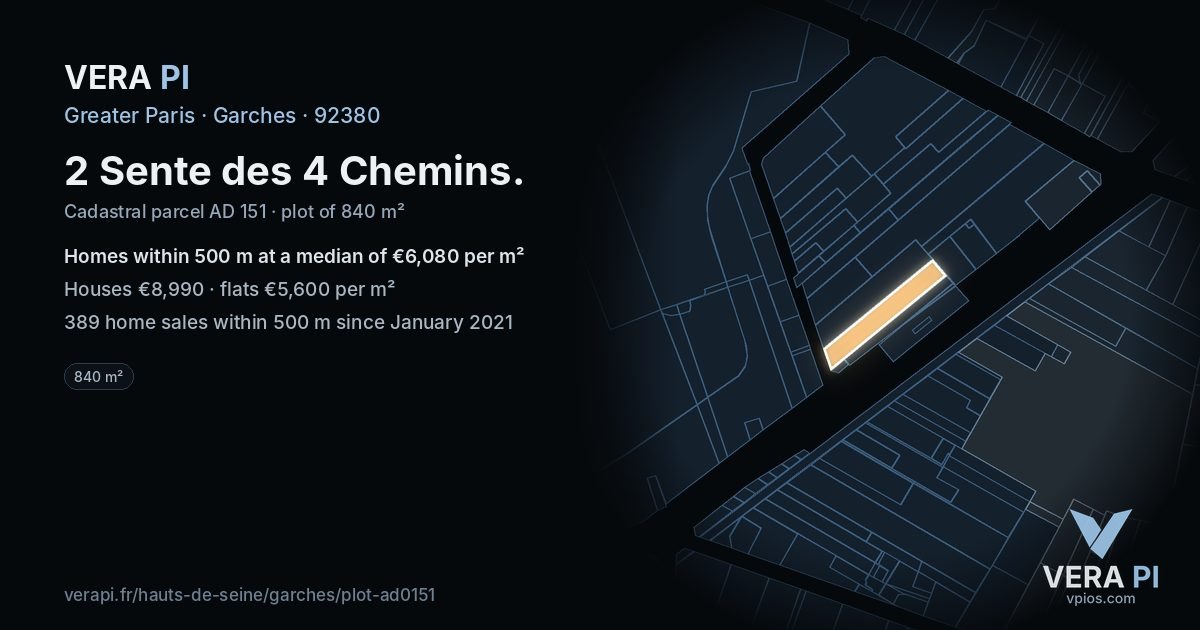 2 Sente des 4 Chemins, Garches at night – the plot lit, the parcels around coloured by the prices near them