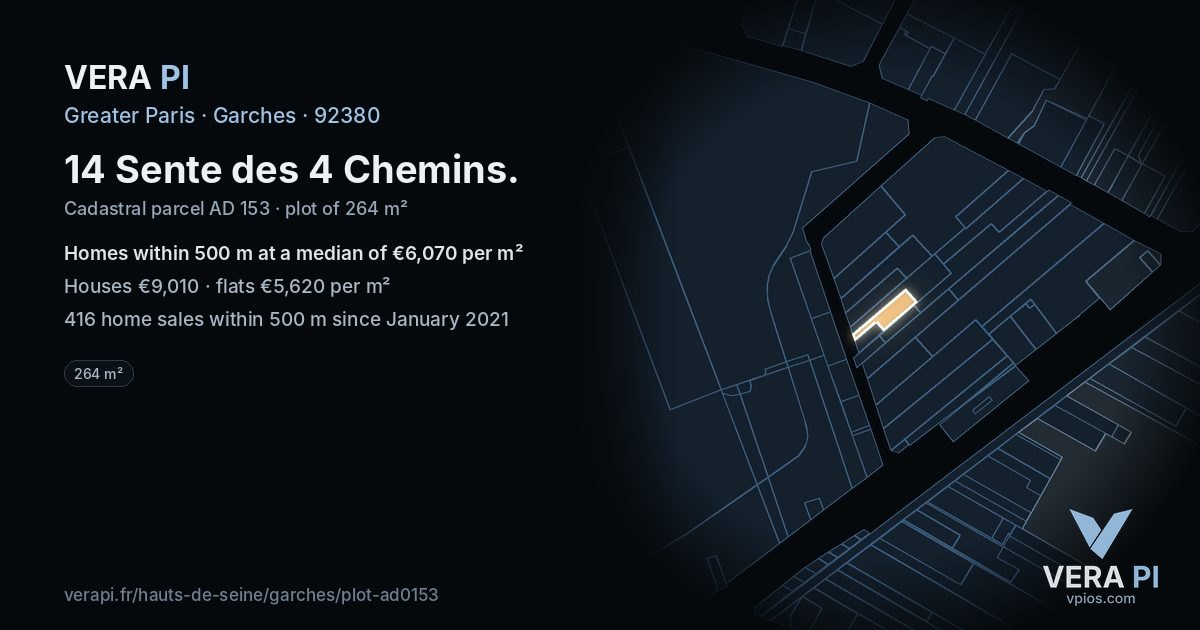14 Sente des 4 Chemins, Garches at night – the plot lit, the parcels around coloured by the prices near them