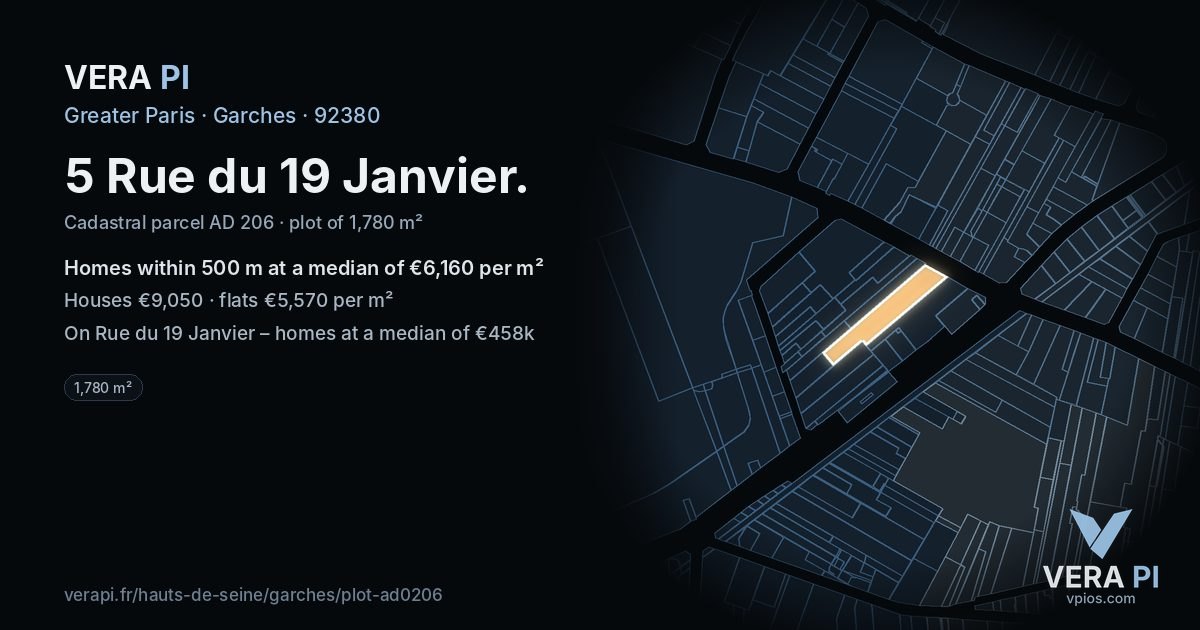 5 Rue du 19 Janvier, Garches at night – the plot lit, the parcels around coloured by the prices near them