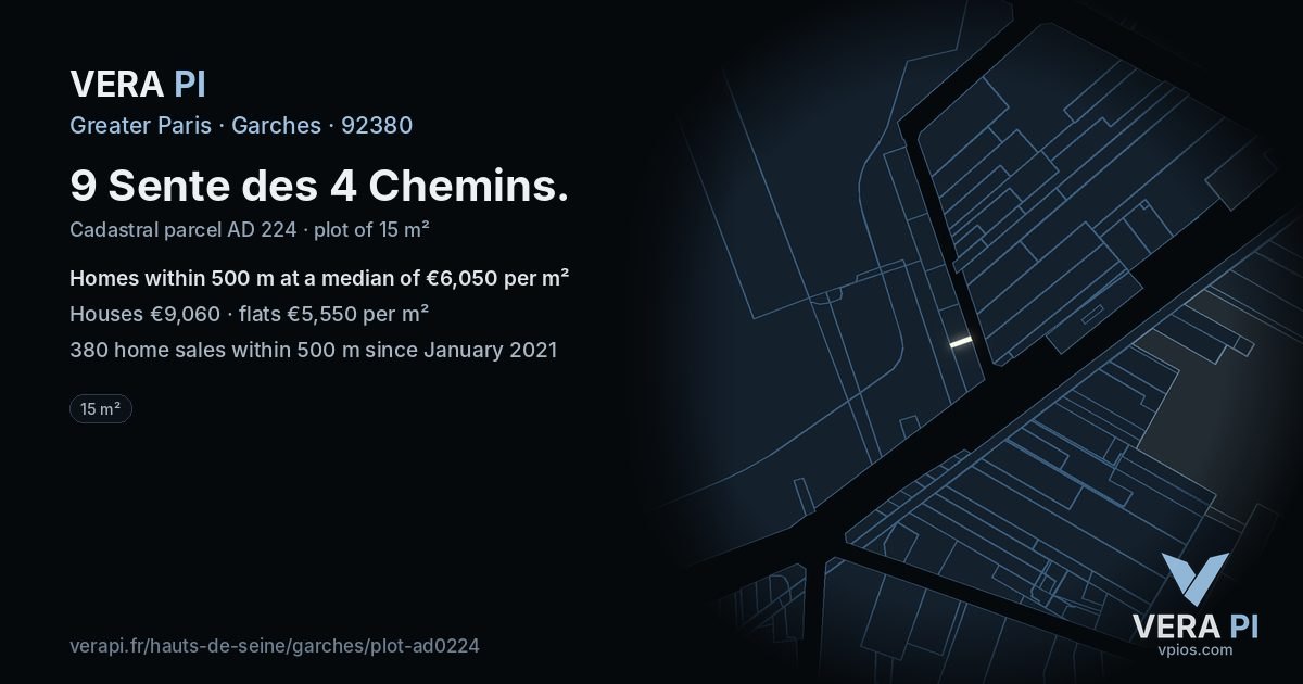 9 Sente des 4 Chemins, Garches at night – the plot lit, the parcels around coloured by the prices near them