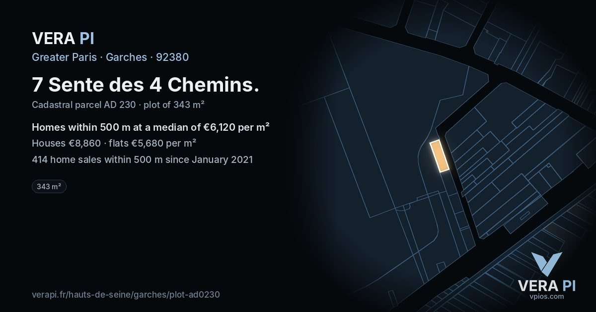 7 Sente des 4 Chemins, Garches at night – the plot lit, the parcels around coloured by the prices near them