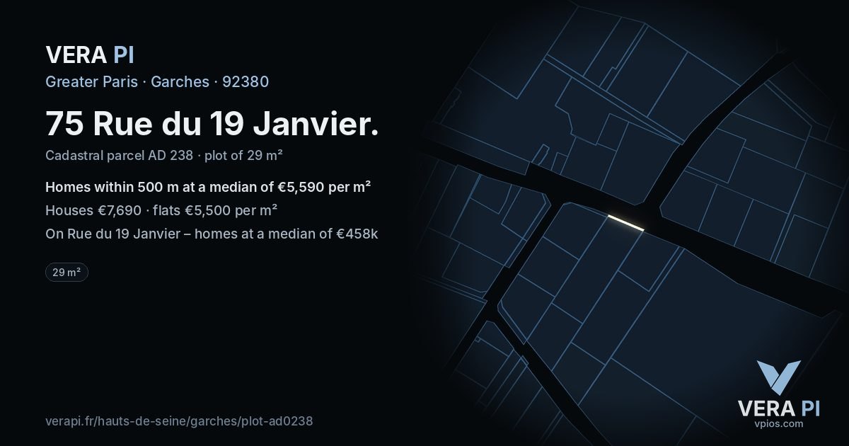75 Rue du 19 Janvier, Garches at night – the plot lit, the parcels around coloured by the prices near them