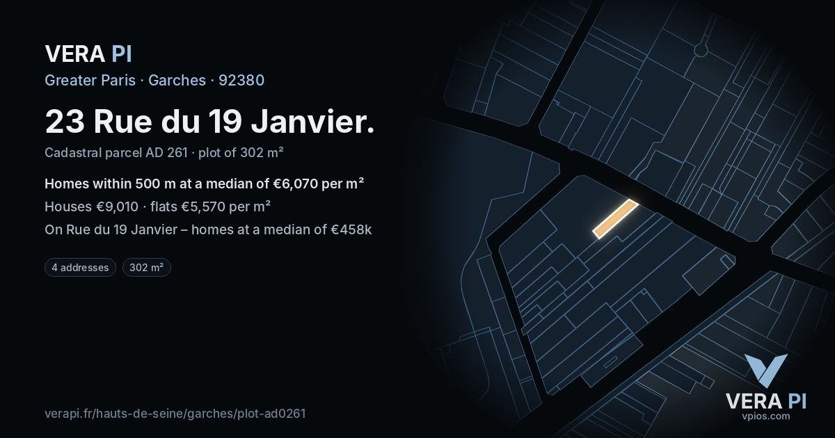 23 Rue du 19 Janvier, Garches at night – the plot lit, the parcels around coloured by the prices near them