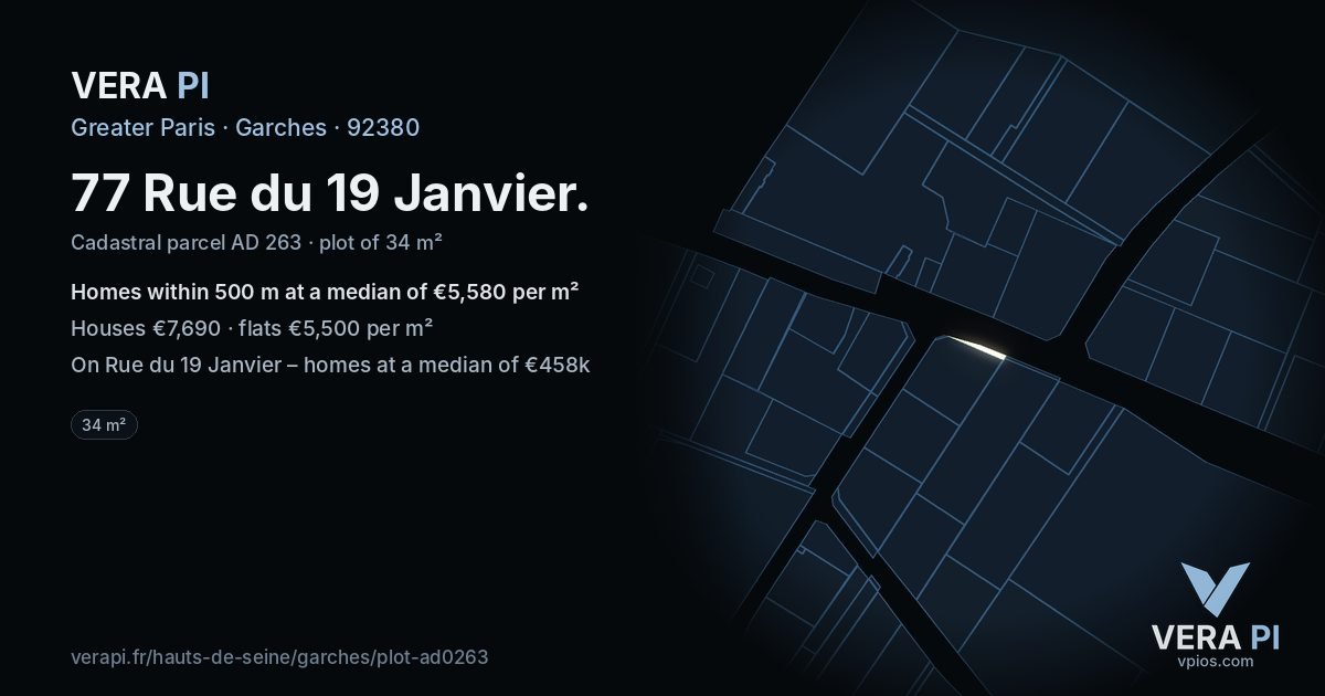 77 Rue du 19 Janvier, Garches at night – the plot lit, the parcels around coloured by the prices near them