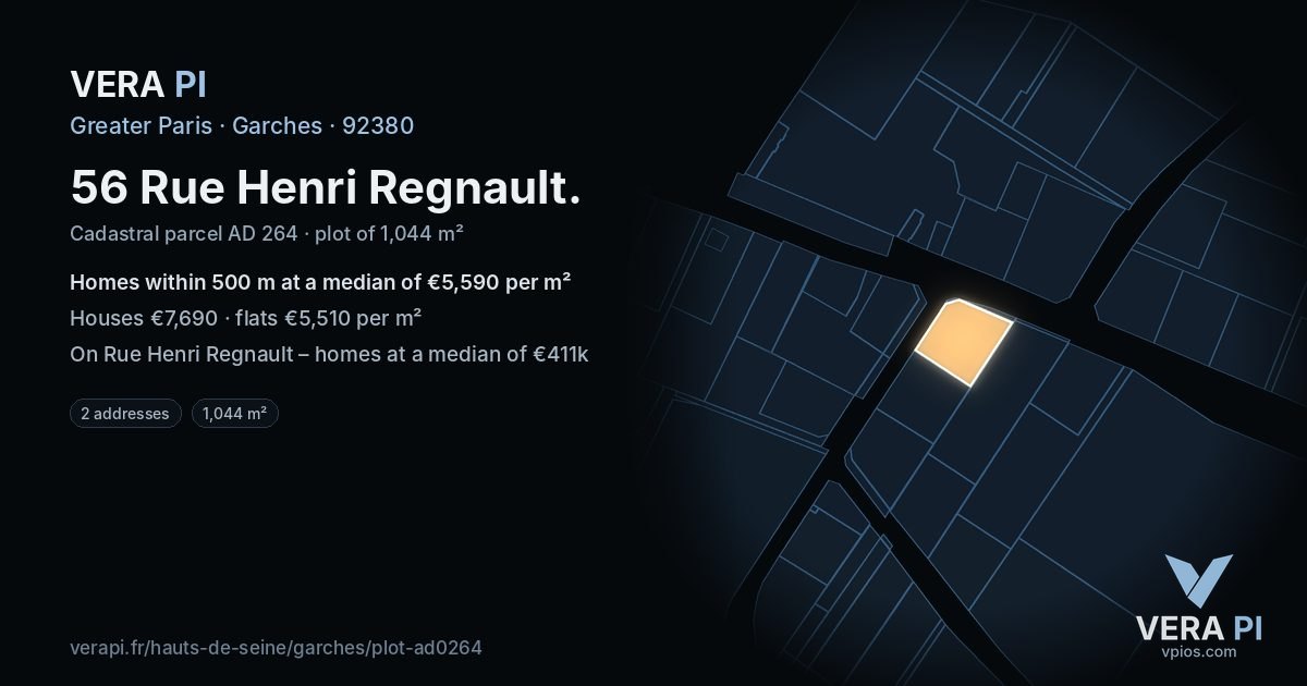 56 Rue Henri Regnault, Garches at night – the plot lit, the parcels around coloured by the prices near them
