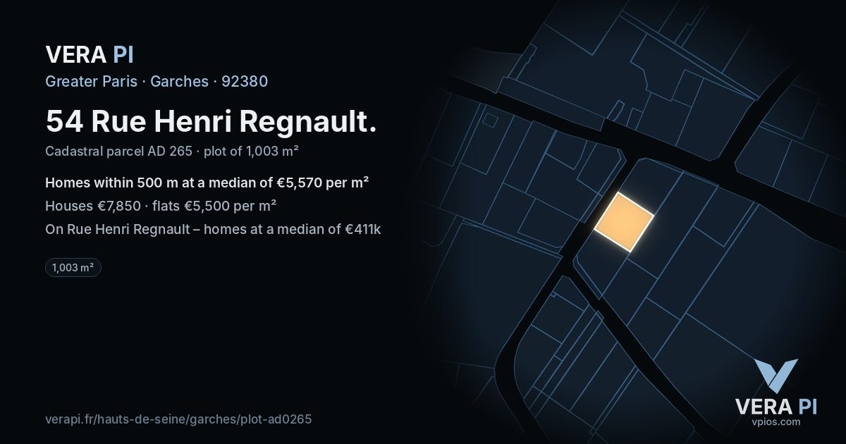 54 Rue Henri Regnault, Garches at night – the plot lit, the parcels around coloured by the prices near them