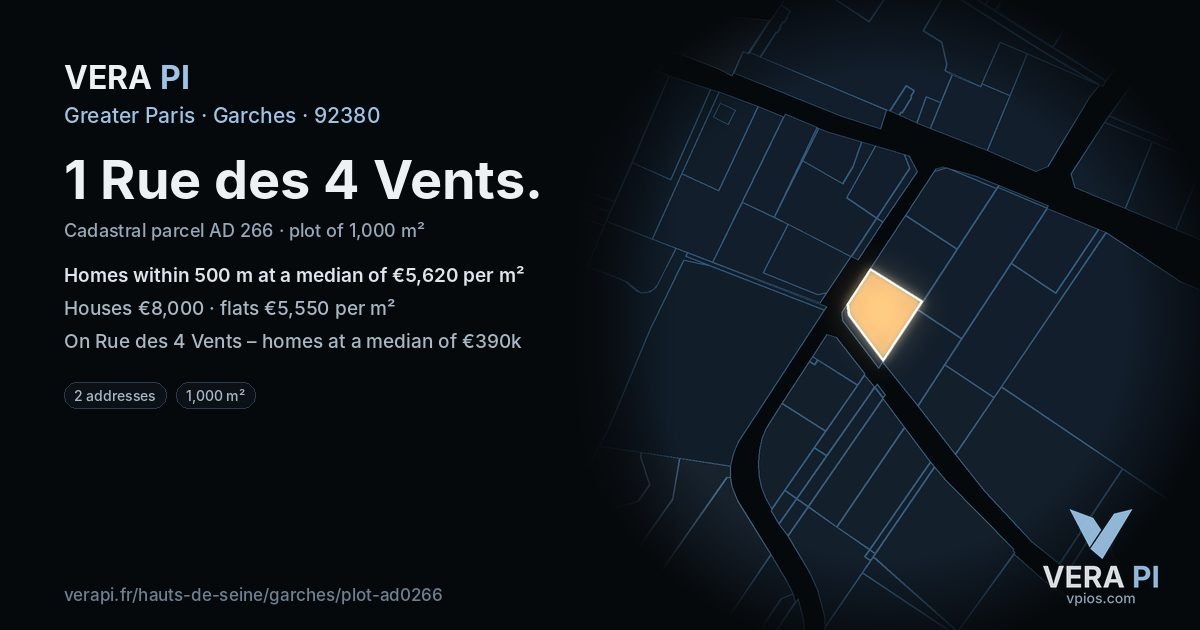 1 Rue des 4 Vents, Garches at night – the plot lit, the parcels around coloured by the prices near them