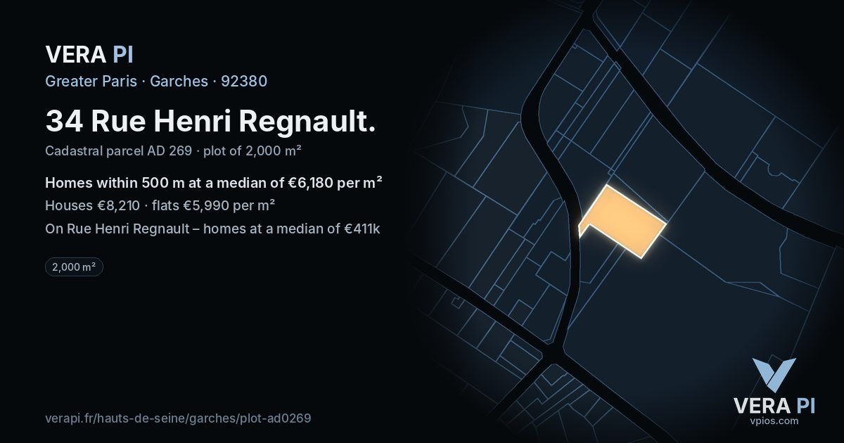 34 Rue Henri Regnault, Garches at night – the plot lit, the parcels around coloured by the prices near them