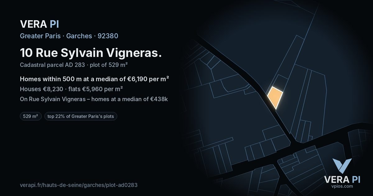 10 Rue Sylvain Vigneras, Garches at night – the plot lit, the parcels around coloured by the prices near them
