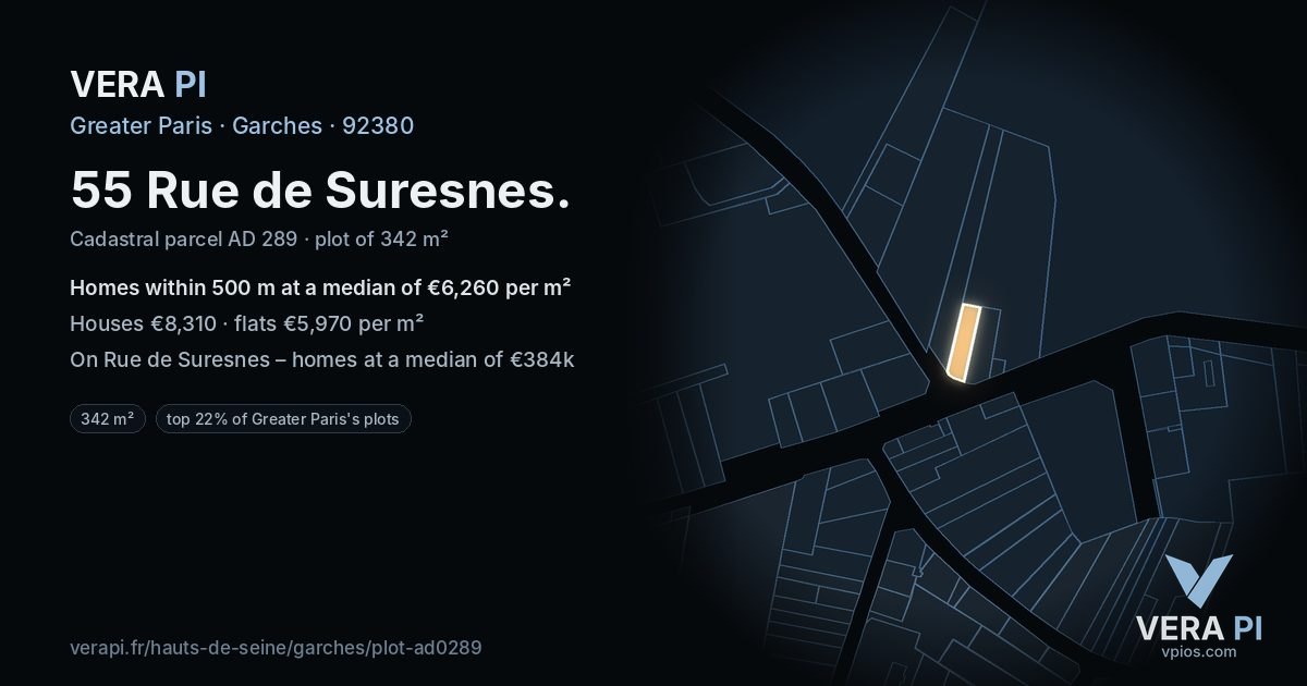 55 Rue de Suresnes, Garches at night – the plot lit, the parcels around coloured by the prices near them