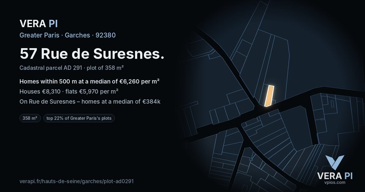 57 Rue de Suresnes, Garches at night – the plot lit, the parcels around coloured by the prices near them