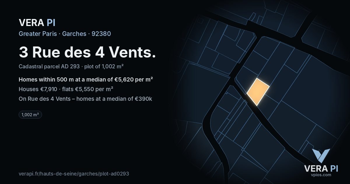 3 Rue des 4 Vents, Garches at night – the plot lit, the parcels around coloured by the prices near them