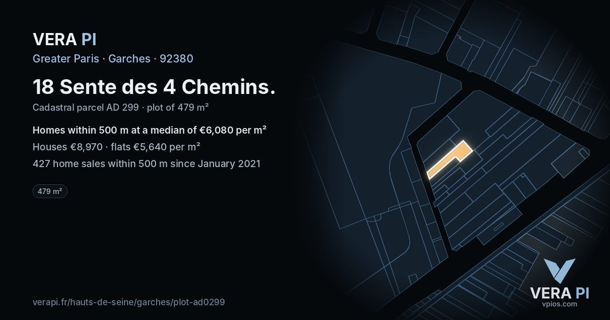 18 Sente des 4 Chemins, Garches at night – the plot lit, the parcels around coloured by the prices near them