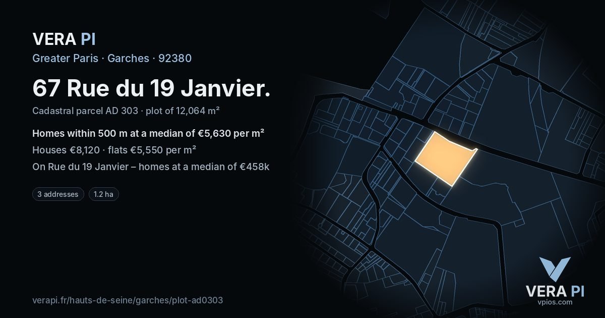 67 Rue du 19 Janvier, Garches at night – the plot lit, the parcels around coloured by the prices near them