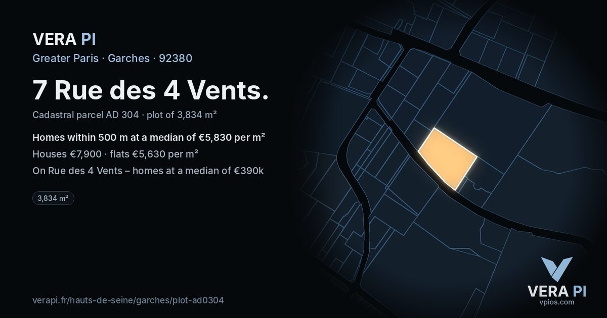 7 Rue des 4 Vents, Garches at night – the plot lit, the parcels around coloured by the prices near them