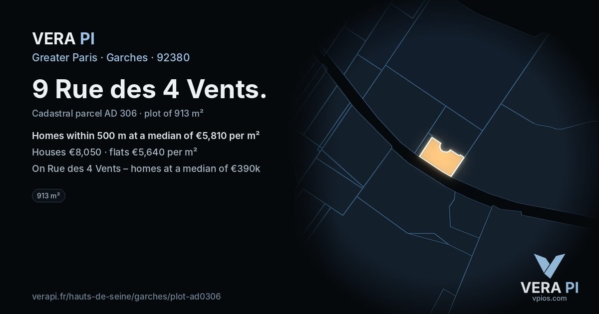 9 Rue des 4 Vents, Garches at night – the plot lit, the parcels around coloured by the prices near them