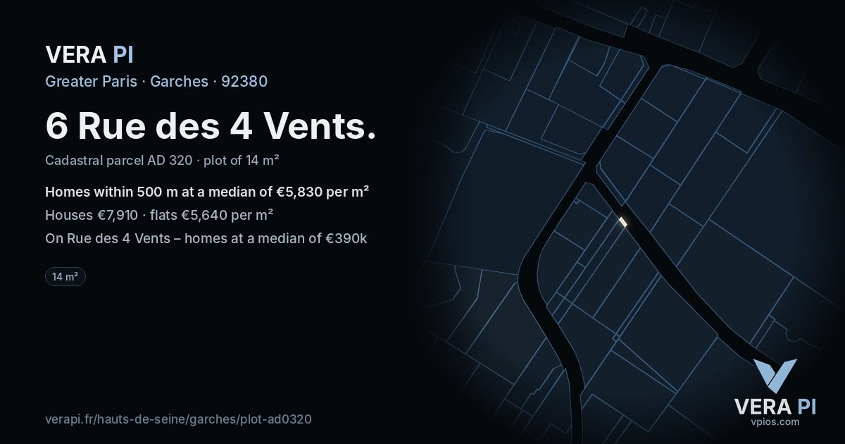 6 Rue des 4 Vents, Garches at night – the plot lit, the parcels around coloured by the prices near them