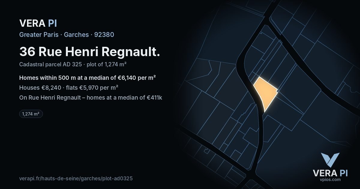 36 Rue Henri Regnault, Garches at night – the plot lit, the parcels around coloured by the prices near them