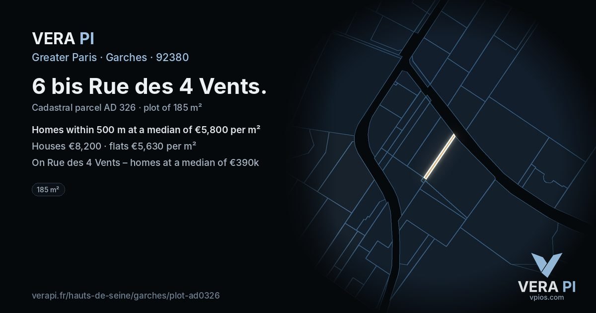 6 bis Rue des 4 Vents, Garches at night – the plot lit, the parcels around coloured by the prices near them