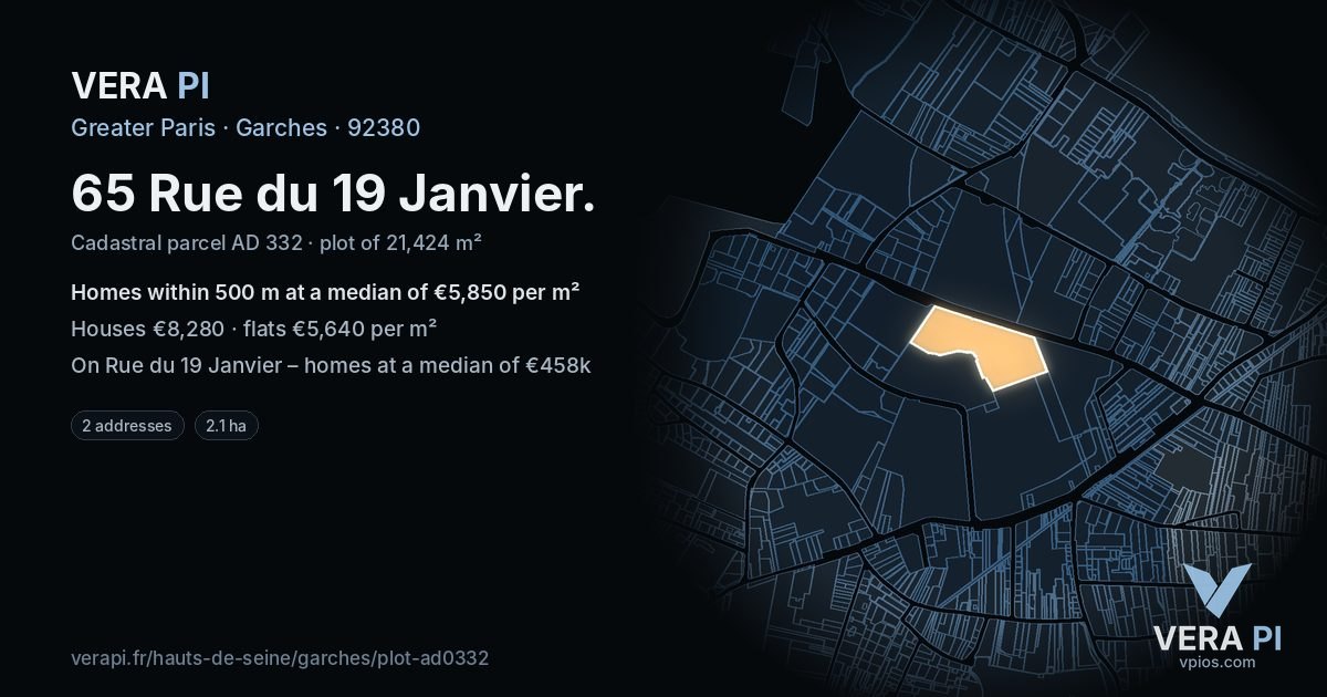 65 Rue du 19 Janvier, Garches at night – the plot lit, the parcels around coloured by the prices near them