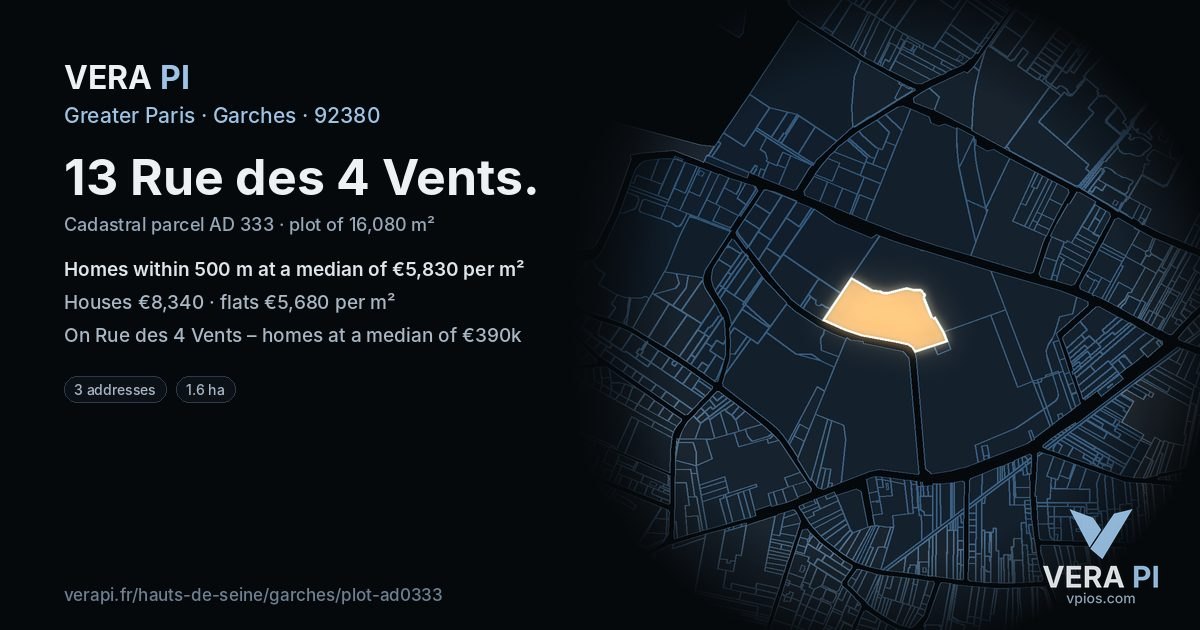 13 Rue des 4 Vents, Garches at night – the plot lit, the parcels around coloured by the prices near them