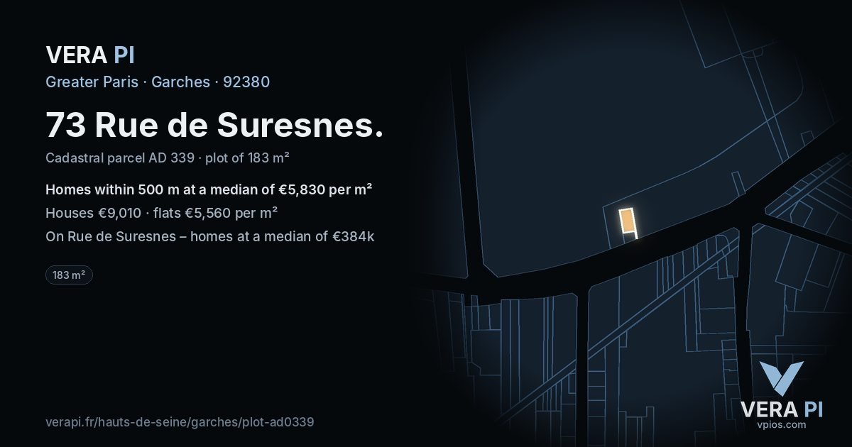 73 Rue de Suresnes, Garches at night – the plot lit, the parcels around coloured by the prices near them