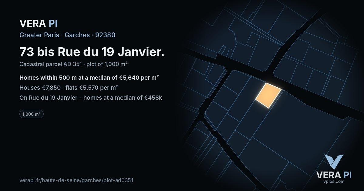 73 bis Rue du 19 Janvier, Garches at night – the plot lit, the parcels around coloured by the prices near them