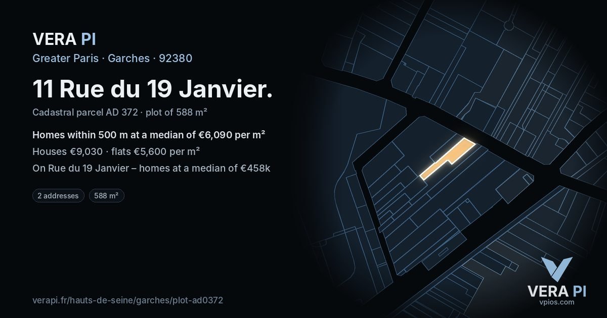 11 Rue du 19 Janvier, Garches at night – the plot lit, the parcels around coloured by the prices near them