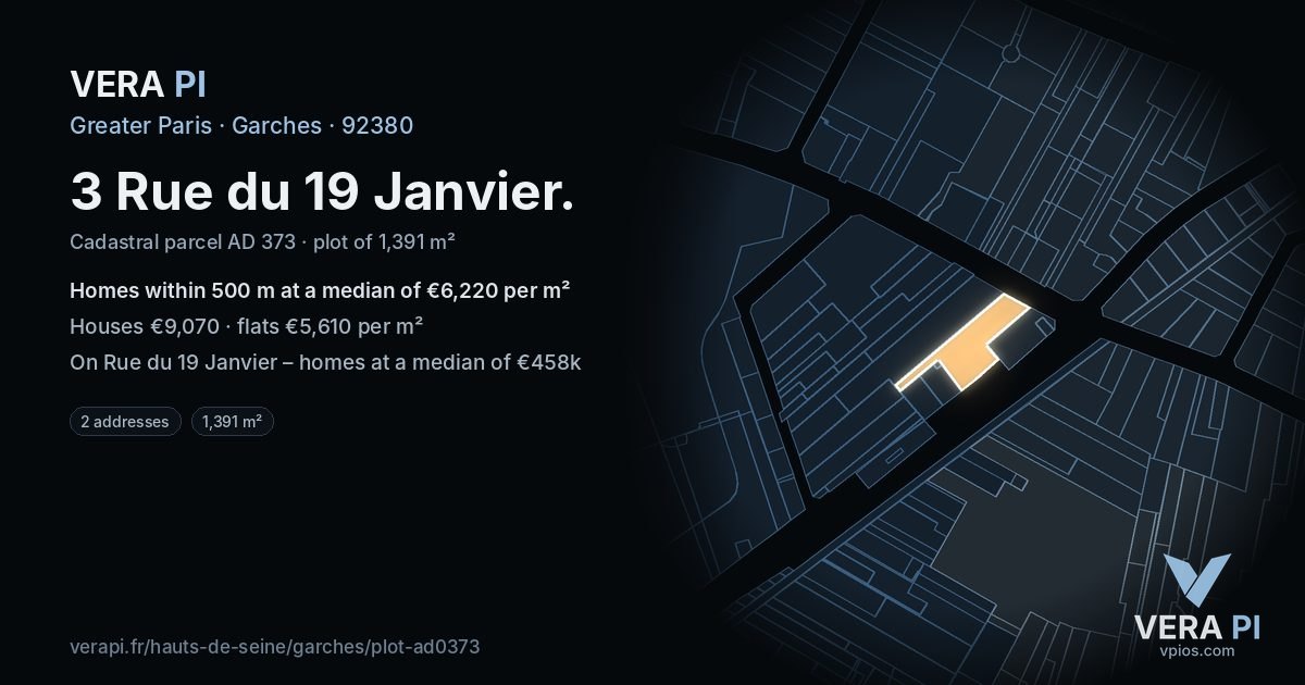 3 Rue du 19 Janvier, Garches at night – the plot lit, the parcels around coloured by the prices near them